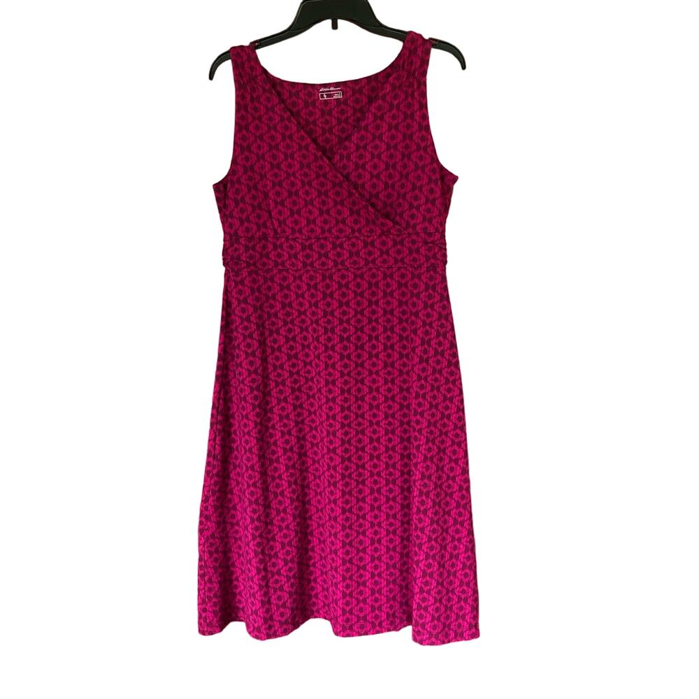Eddie Bauer Dress Jersey Travel Magenta V Neck Ikat Print Sheath Sleeveless Sz L
